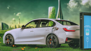 a concept drawing of an electric car at a charging station